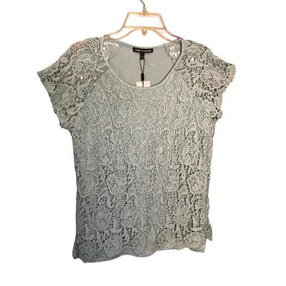 Cable & Gauge Floral Lace Top Short Sleeve Pullover Stretch Blue Size L NWT - Picture 1 of 4